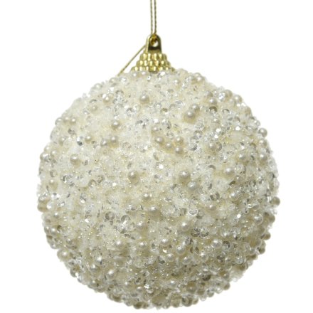 Sequin Beaded Bauble, Cream 10cm