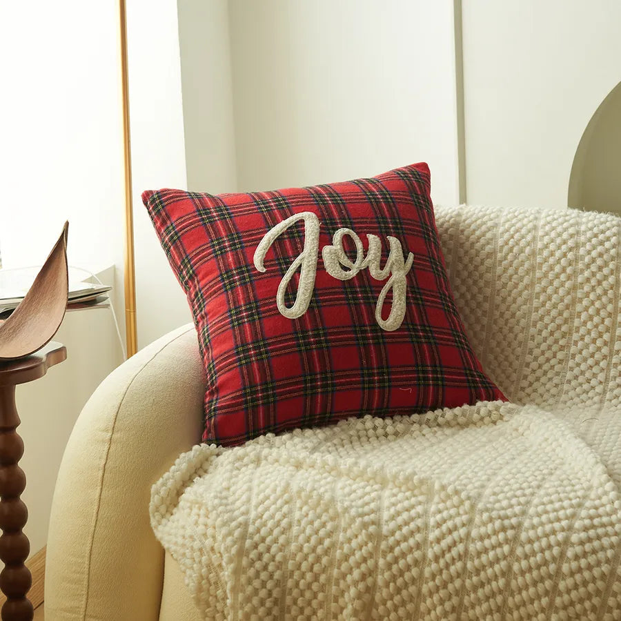 Christmas Print Embroidered Letter Cushion Cover Red And Green Plaid Fabric Home Decorative Pillowcase American Style