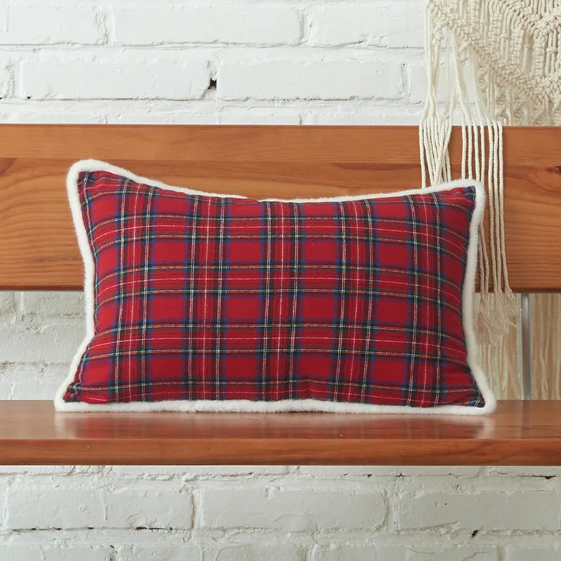 Christmas Print Embroidered Letter Cushion Cover Red And Green Plaid Fabric Home Decorative Pillowcase American Style