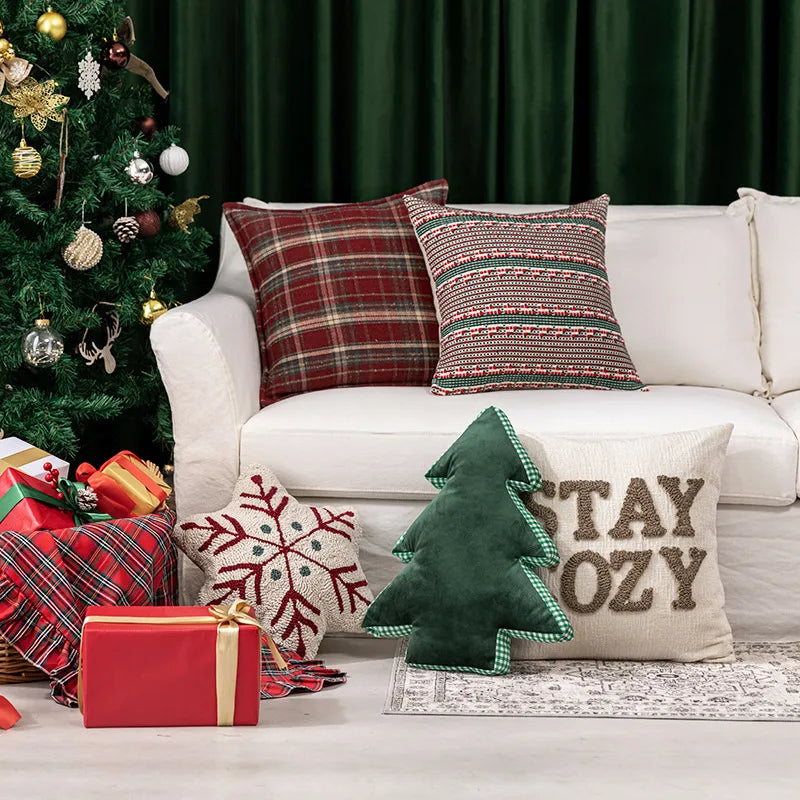Christmas Decorative Throw Pillow Covers Red Flocking Sofa Living Room Couch Cushion Covers For Christmas Tree Decoration
