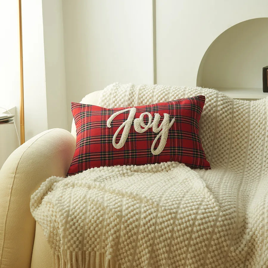 Christmas Print Embroidered Letter Cushion Cover Red And Green Plaid Fabric Home Decorative Pillowcase American Style