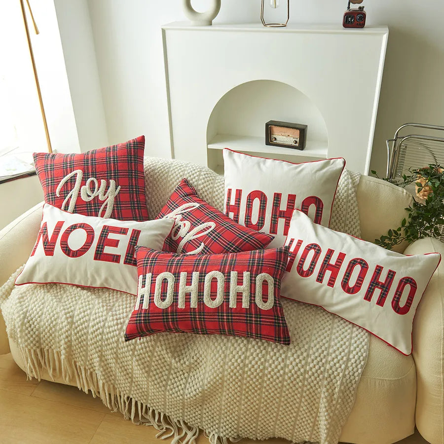 Christmas Print Embroidered Letter Cushion Cover Red And Green Plaid Fabric Home Decorative Pillowcase American Style