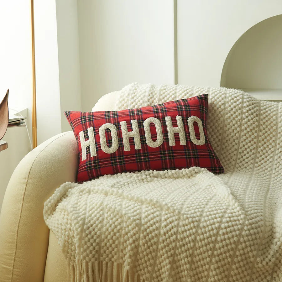 Christmas Print Embroidered Letter Cushion Cover Red And Green Plaid Fabric Home Decorative Pillowcase American Style